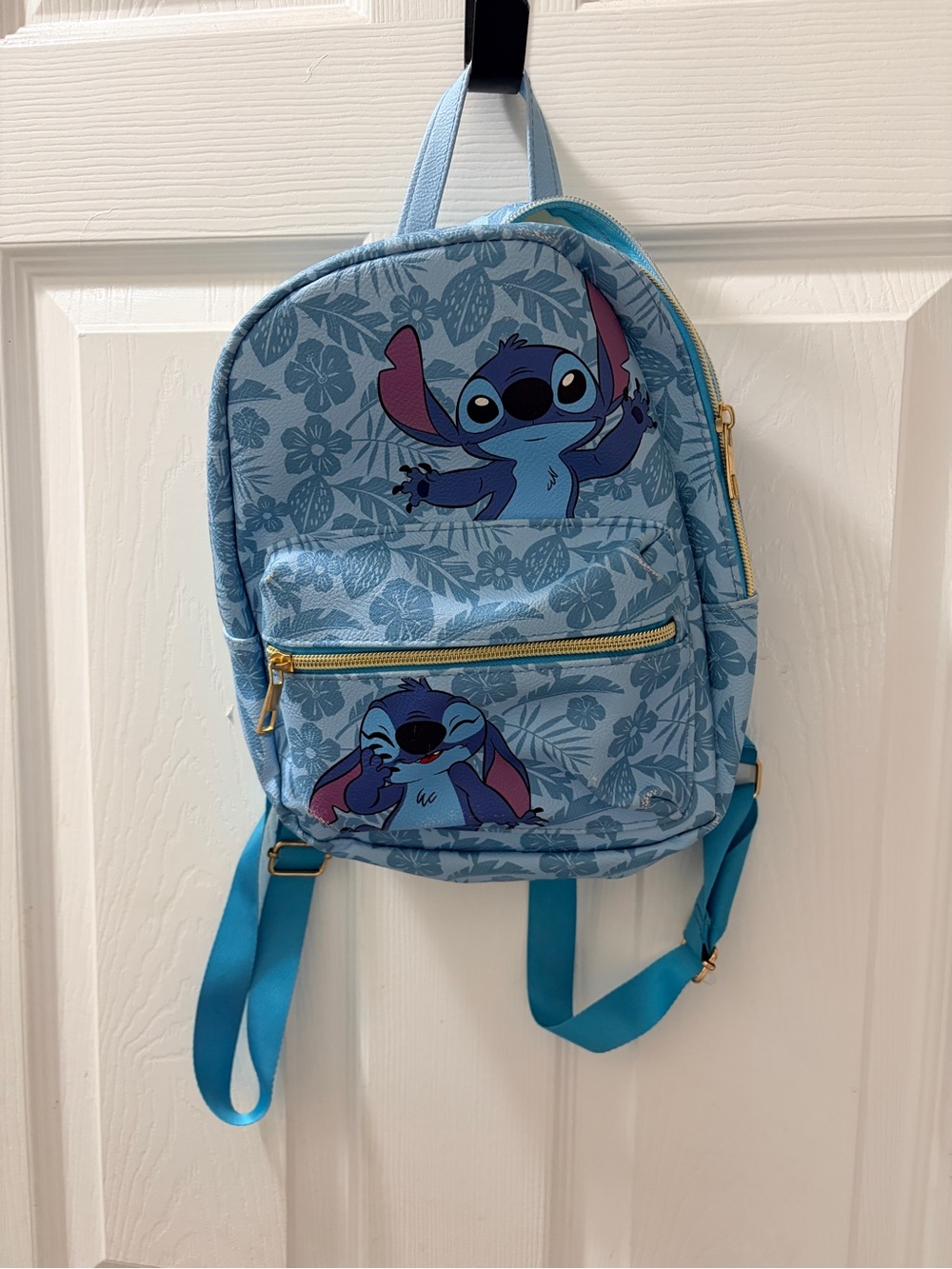 Disney Light Blue Stitch Mini Backpack with Gold Zipper Accents